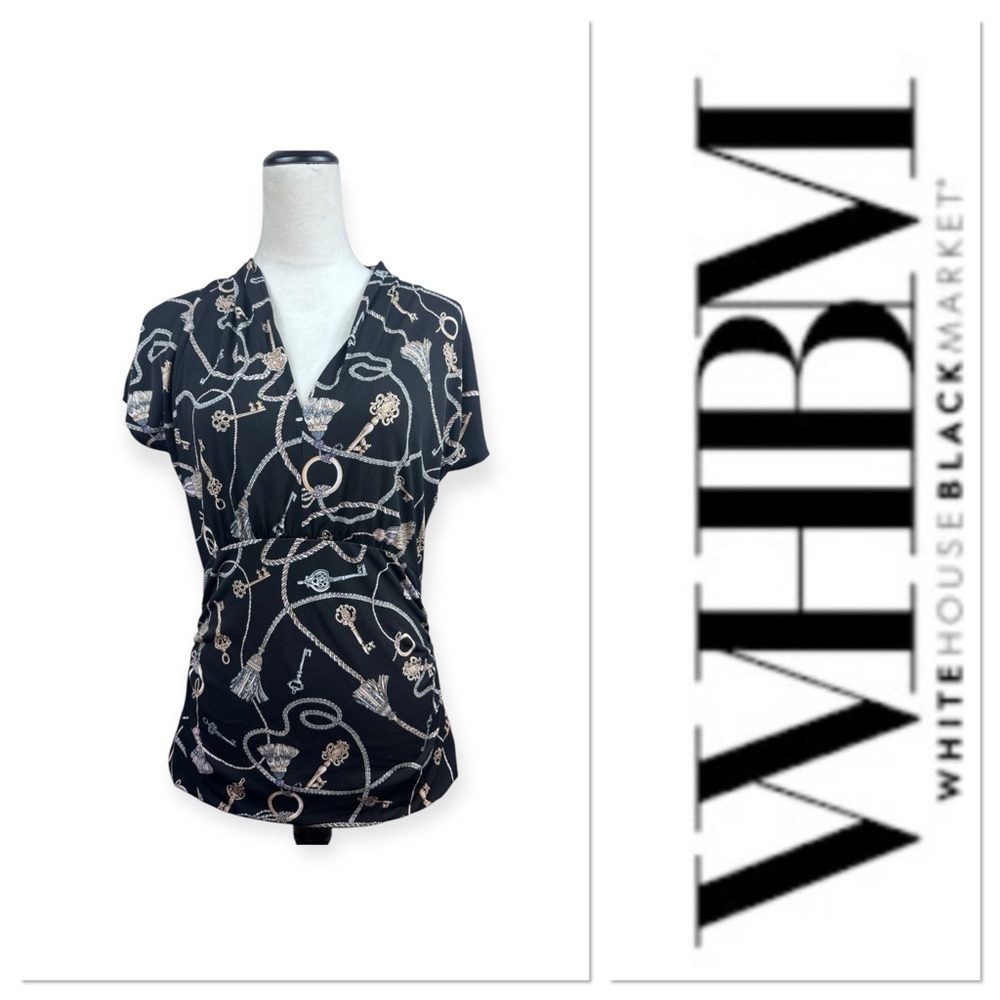 White House Black Market key and tassel print black short sleeve top size med